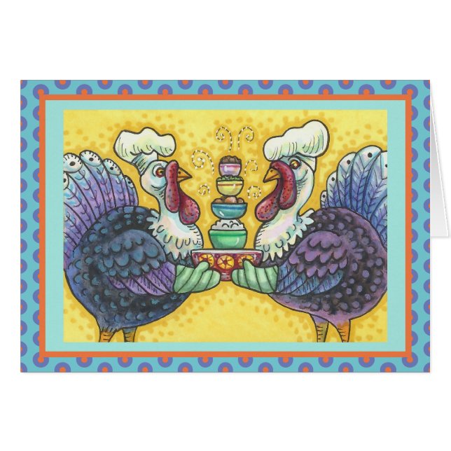 TURKEYS IN KITCHEN THANKSGIVING GREETING CARD Vers (Front Horizontal)