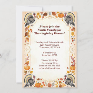 Turkeys Pumpkins and Leaves Thanksgiving Invitation