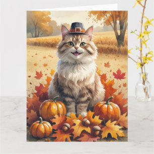 Turkish Angora Cat Autumn Leaves Thanksgiving Art Card