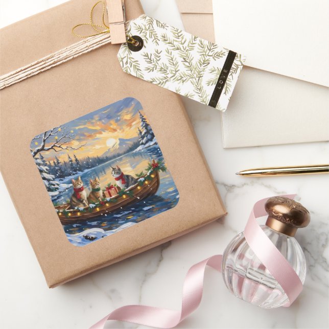 Turkish Angora Cat Christmas Boat Holiday Square Sticker (Gifting)