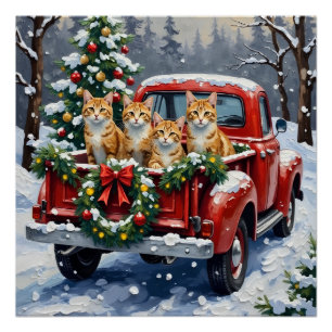Turkish Angora Cat Christmas Red Truck Holiday Poster