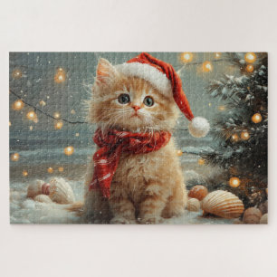 Turkish Angora Cat Christmas Vintage Beach Jigsaw Puzzle