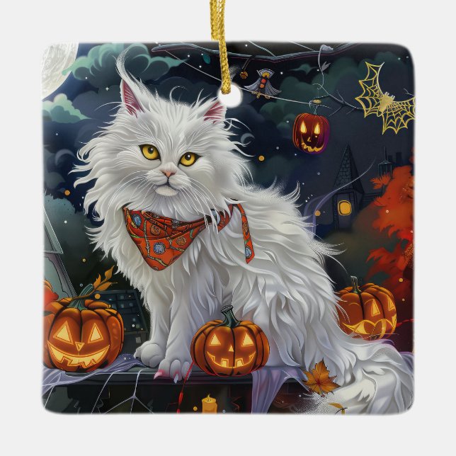 Turkish Angora Cat Halloween Spooky Ceramic Ornament (Front)