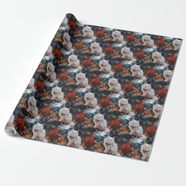 Turkish Angora Cat Halloween Spooky Wrapping Paper (Unrolled)
