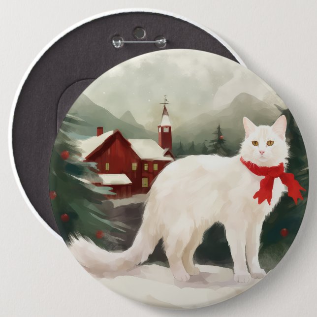 Turkish Angora Cat in Snow Christmas 6 Inch Round Button (Front & Back)