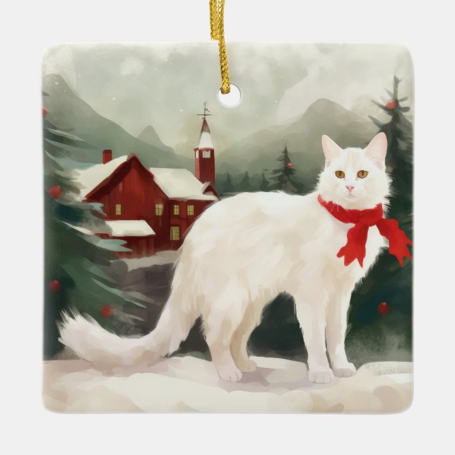 Turkish Angora Cat in Snow Christmas Ceramic Ornament (Front)