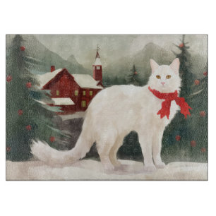 Turkish Angora Cat in Snow Christmas Cutting Board