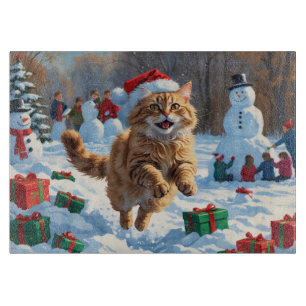 Turkish Angora Cat Running in Snow Christmas Hat Cutting Board