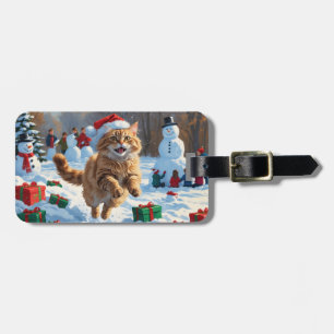 Turkish Angora Cat Running in Snow Christmas Hat Luggage Tag