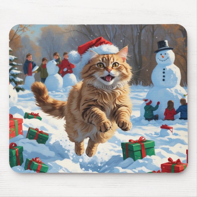 Turkish Angora Cat Running in Snow Christmas Hat Mouse Pad (Front)