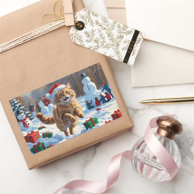 Turkish Angora Cat Running in Snow Christmas Hat Sticker (Gifting)