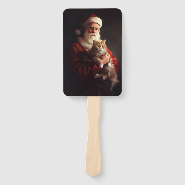Turkish Angora Cat Santa Claus Festive Christmas  Hand Fan (Front)