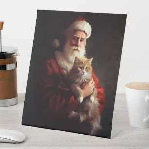 Turkish Angora Cat Santa Claus Festive Christmas  Pedestal Sign