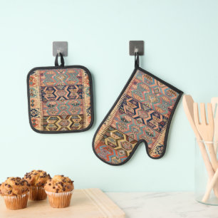 Turkish Carpet Rug Antique Kilim Oven Mitt & Pot Holder Set