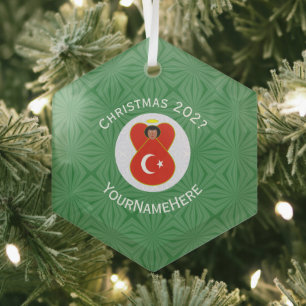 Turkish Flag Christmas Angel Name Year Hexagon Glass Ornament
