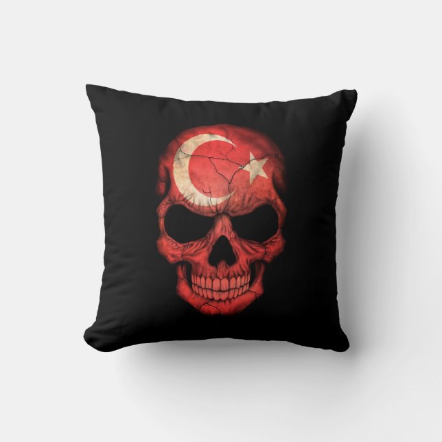 Turkish Flag Skull on Black Throw Pillow (Front)
