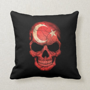 Turkish Flag Skull on Black Throw Pillow