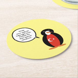 Turkish Flag Talking Ms. Penguin Personalized Round Paper Coaster