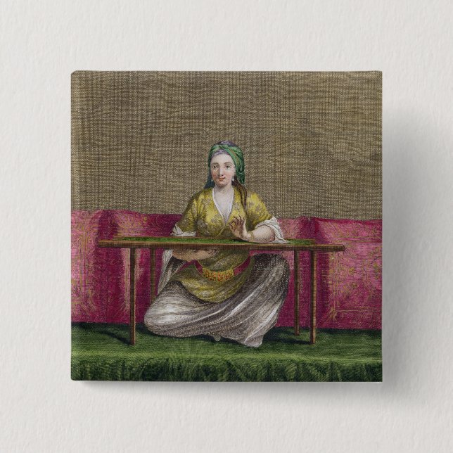 Turkish Girl, embroidering, 18th century (engravin 2 Inch Square Button (Front)