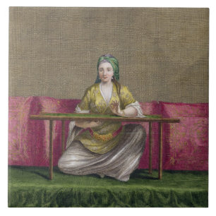 Turkish Girl, embroidering, 18th century (engravin Tile