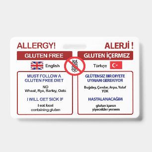 TURKISH Gluten Free Travel Card   Allergy Badge