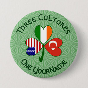 Turkish Irish American Flags Shamrock Personalized 3 Inch Round Button