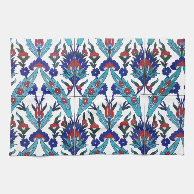 Turkish Iznik  Anatolia Floral Mosaic Pattern Kitchen Towel (Horizontal)