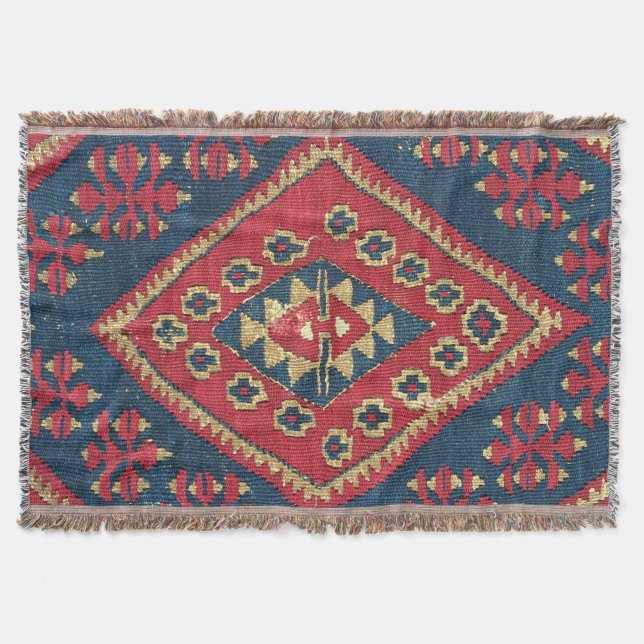 Turkish Kilim Carpet Rug Antique Red Blue   Throw Blanket (Front)