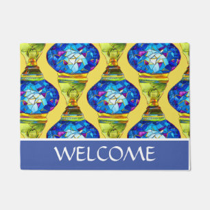 Turkish lamps blue mosaic watercolor art doormat