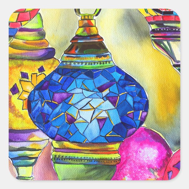 Turkish lamps mosaic watercolor fine art square sticker (Front)