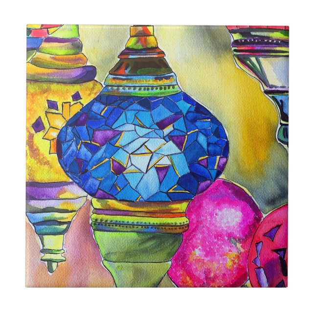 Turkish lamps mosaic watercolor fine art tile (Front)