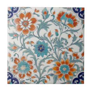 Turkish Ottoman Floral Blue Orange Green Flowers Tile
