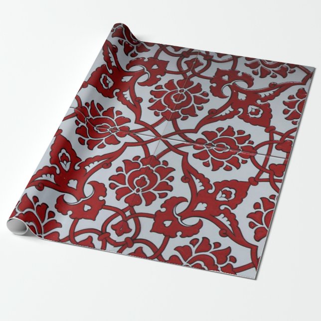 Turkish Red Ceramic Floral Wrapping Paper (Unrolled)