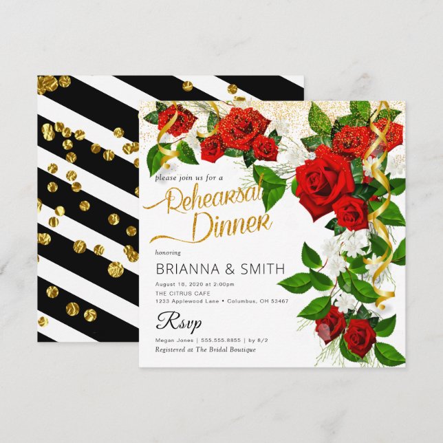 Turkish Roses Rehearsal Dinner Calligraphy Invitation (Front/Back)