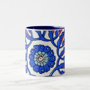 Turkish Tile Blue Flower Macro Pattern Two-Tone Coffee Mug