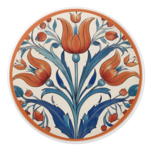 Turkish Tulips Floral Orange Green Iznik Flowers Ceramic Knob