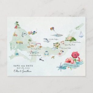 Turks & Caicos Destination Wedding Itinerary Map Announcement Postcard