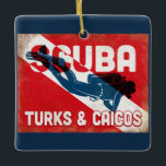 Turks & Caicos Scuba Diver - Blue Retro Ceramic Ornament<br><div class="desc">Turks & Caicos scuba diving design. A vintage style retro red scuba flag background with navy blue scuba diver.</div>