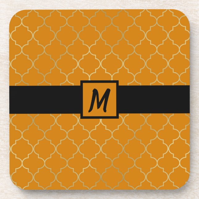 Turmeric Yellow & Gold Quatrefoil Pattern Coaster (Front)