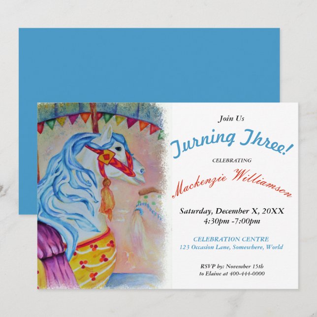 TURNER 3 COLORÉS CAROUSEL HORSE INVITATION (Devant / Derrière)