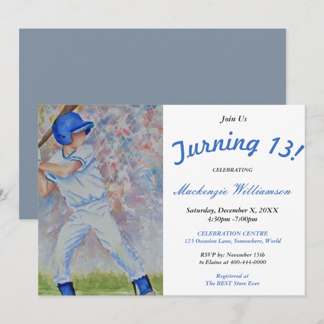 TURNING 13 BASEBALL PARTY INVITATION (Front/Back)