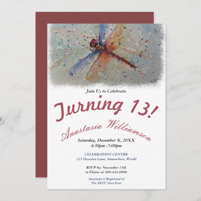 TURNING 13 PARTY DAZZLING DRAGONFLY INVITATION (Front/Back)
