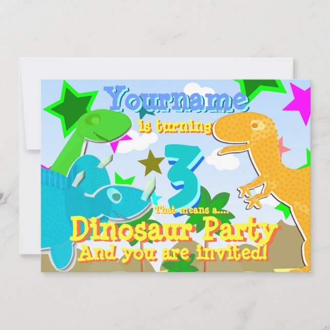 Turning 3 Dinosaurs Birthday Party Invites (Front)