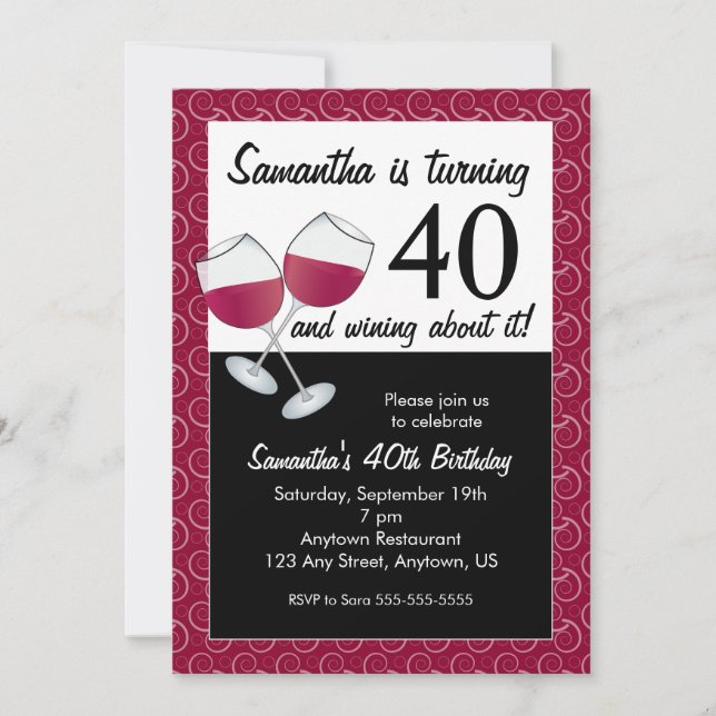 Turning 40 and Wining, Red Wine Birthday Party Invitation (Front)