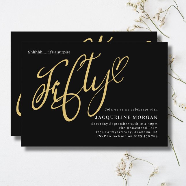 Turning 50 Black Gold 50th Birthday Invitation (50th birthday party invitation in black and gold on a light background)