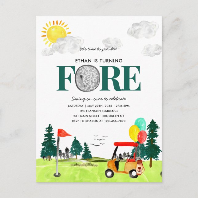 Turning FORE Golf Boy Golfing Par-tee 4th Birthday Postcard (Front)