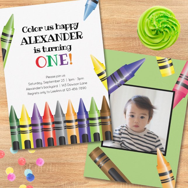 Turning One Crayons Photo 1st Birthday Invitation (Creator Uploaded)