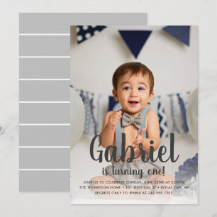 Turning One Grey Boys First Birthday Photo Invitation