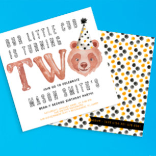 Turning Two Bear Birthday Invitation Party Animal