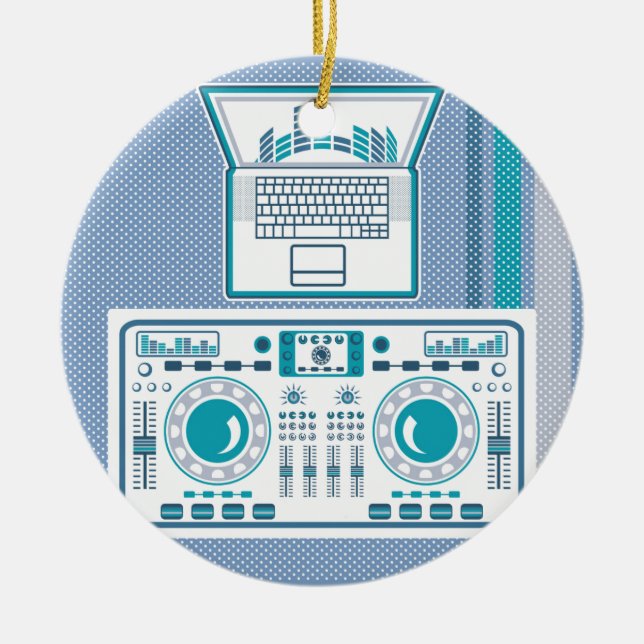 Turntable with Laptop DJ equipment Vector Ceramic Ornament (Front)